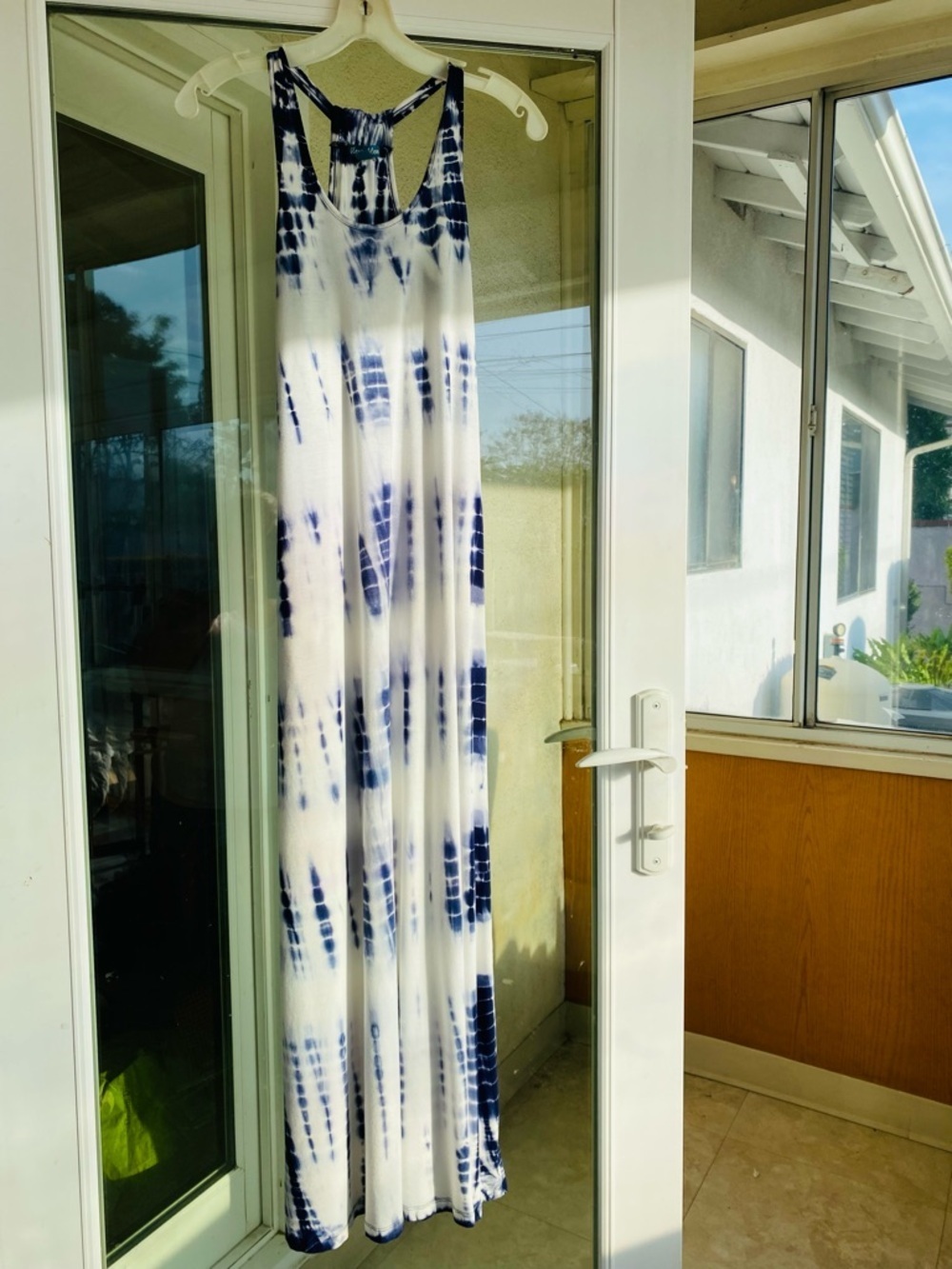 FLEUR BLEVE Tie Dye Maxi Dress XS Blue White Racerback Stretch Summer Flowy